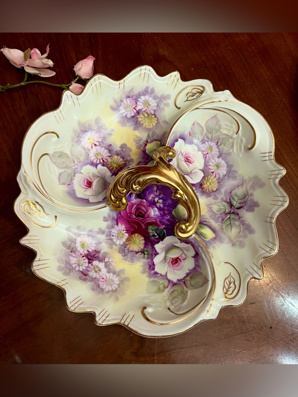 Antique 3-Section Relish Dish Rose Floral Porcelain Server Ornate Gold Handle